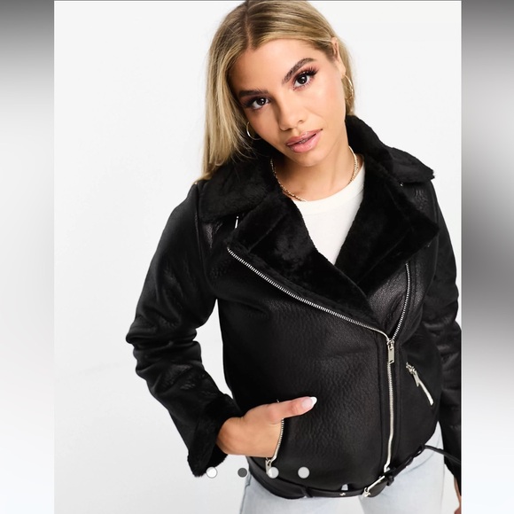 ASOS Parisian faux fur trim aviator jacket in black - Picture 1 of 5